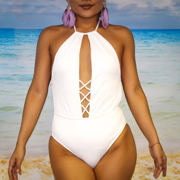 Floral Embossed Lace Up One Piece Swimsuit - Picture 4 of 4